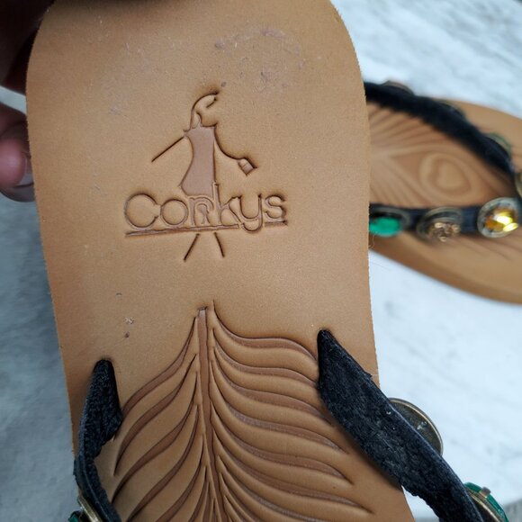 Corkys Shoes Womens Size 8 Black Leather Jeweled & Embellished Thong Sandals - Picture 7 of 9